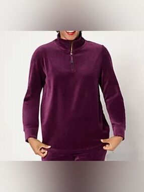 New QVC Denim & Co. Active Velour Quarter Zip Top / Size Medium / Deep Wine